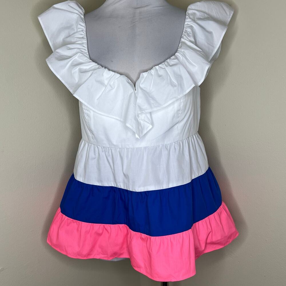 Lilly Pulitzer Emie Babydoll Top 12 Ruffle Tiered Colorblock Poplin V-Neck NEW